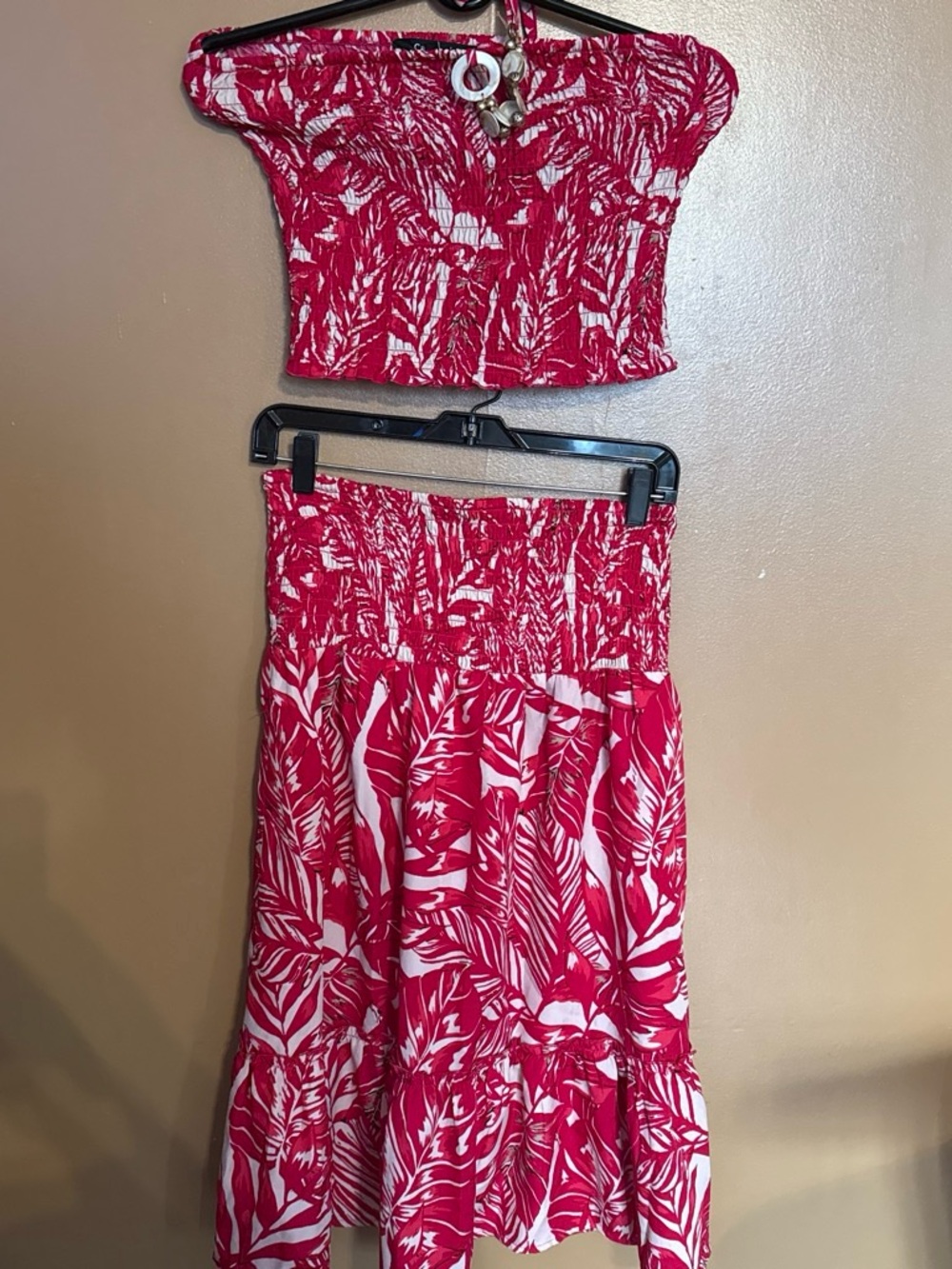 Red Leaf-Print Smocked Maxi Dress Set